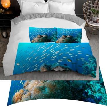 Imagem de Jogo de cama king coral com estampa de peixe, conjunto de 3 peças para decoração de quarto, capa de edredom de microfibra macia 264 x 233 cm e 2 fronhas, com fecho de zíper e laços
