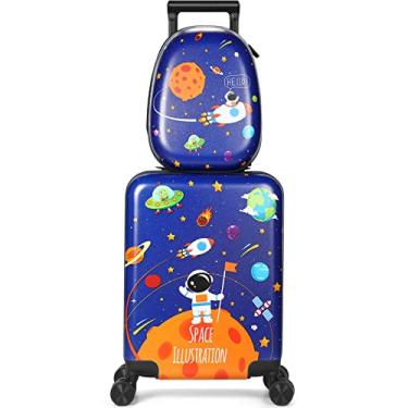 Imagem de Weewooday Mala infantil e mochila de 45,7 cm com roda giratória, capa rígida para viagem, mochila de 33 cm, conjunto de mala para meninas, suprimentos de viagem para crianças, Azul, 18 x 11.5 x 8