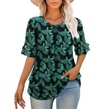 Imagem de Othyroce Blusas femininas elegantes casuais manga curta verão chiffon trabalho túnica tops camisas de negócios gola redonda, Floral-verde, M