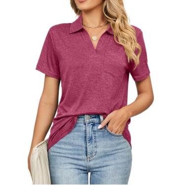 Imagem de Vidifid Camisa polo feminina manga curta gola V bolsos blusa verão golfe tênis túnica tops para negócios casual, Vinho, XXG