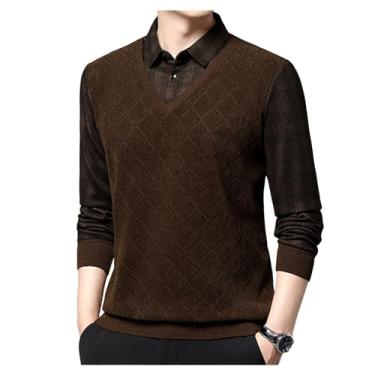 Imagem de Suéter masculino de lã falso de duas peças grosso quente suéter lapela pulôver jacquard, Cáqui, XG