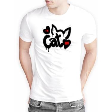 Imagem de Camiseta Masculina Estampa Cat Love Estilosa Confortável Tendência Moda Casual (M, Branco)