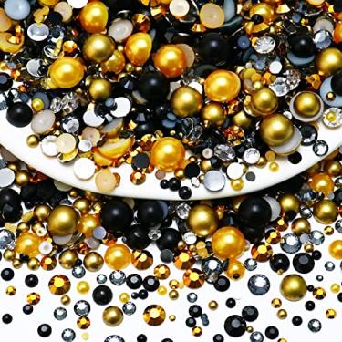 Imagem de Towenm Mistura de 60 g pérolas planas e strass, 2 mm-10 mm, mistura de strass e pérolas para artesanato, copos, sapatos, unhas, arte facial, com caneta selecionadora, preta, dourada, amarela