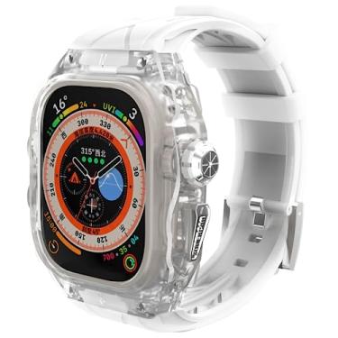 Imagem de GLuYuan Capa de relógio inteligente translúcida de luxo para Apple Watch Ultra 49 mm, capa leve e robusta totalmente envolta com pulseira, pulseira de silicone, botões de aço inoxidável, capa protetora para homens/mulheres (branco fosco)