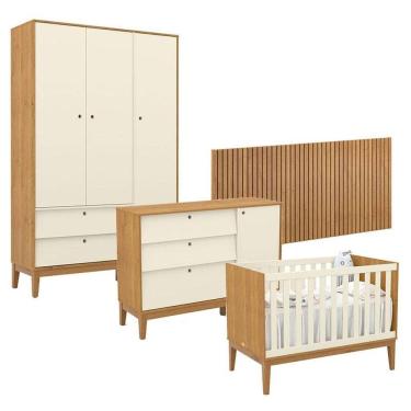 Imagem de Quarto de Bebê Unique 3 Portas com Cômoda Sapateira e Painel Ripado Freijó Off White Eco Wood - Matic