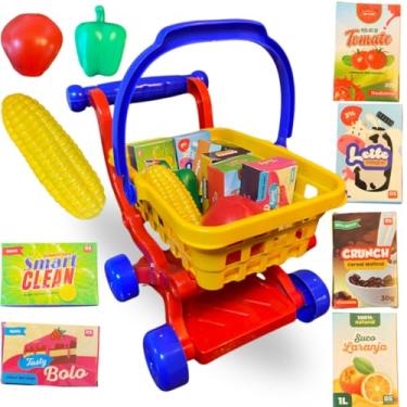 Imagem de Carrinho De Supermercado Feira Mercadinho Compras Mercado Frutinhas Brinquedo Cesta Removível Cozinha Infantil Criança Brincar Acessórios Presente 2 Em 1