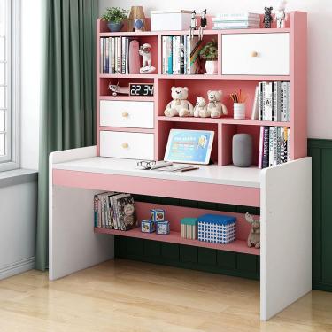 Imagem de Escrivaninha com prateleiras de armazenamento e 2 gavetas, escritório doméstico, mesa de computador, estação de trabalho, altura ajustável, rosa, 47 polegadas