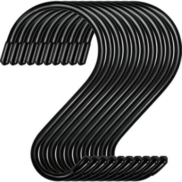 Imagem de Dreecy Ganchos P grandes de 12 cm, pacote com 10 ganchos em S resistentes para pendurar, ganchos de armário S com revestimento de vinil, ganchos de borracha preta de aço antiderrapante para pendurar