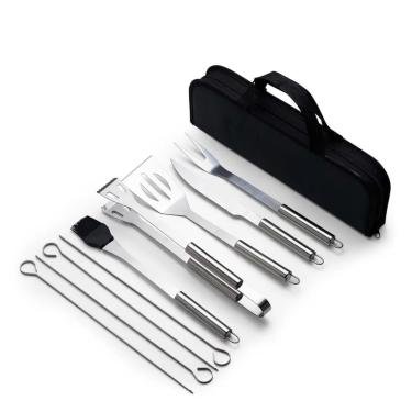 Imagem de Kit de churrasco C/Estojo Utensilios Inox 9 em 1 Pegador Garfo Espátula Faca Pincel Espeto Conjunto