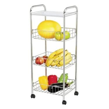 Imagem de Fruteira de Chão com Rodas Tripla Cestos Cromado e Tampa de Madeira Organização Cozinha