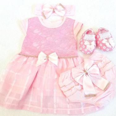 Imagem de Vestido Luxo RN à 05 Meses Renda Baby Com 4 Peças, Par Sapatinhos + Fa