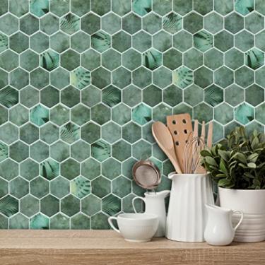 Imagem de Azulejo para cozinha com 10 folhas, azulejos hexagonais 3D, azulejos adesivos de vinil 30,5 x 30,5 cm (design mais grosso)