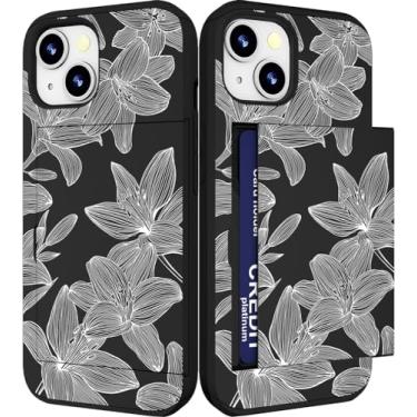 Imagem de IWONE Capa compatível com iPhone 15 fofa com porta-cartão com compartimento fino para telefone 15 capas carteira para mulheres/elegantes flores brancas hibisco floral linha impressão artística