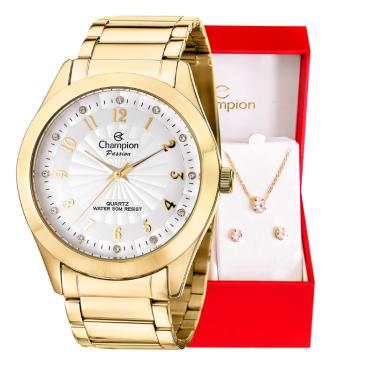 Imagem de Relógio Feminino Dourado Champion Analógico Prova D'agua CN29409D Colar e Brincos