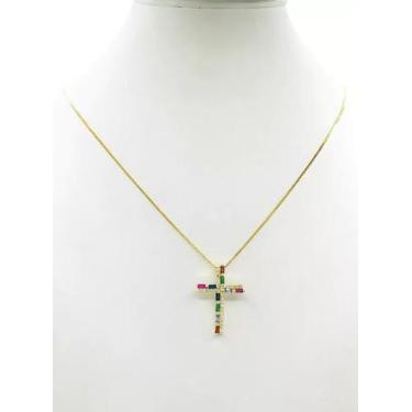 Imagem de Cordão Feminino 1mm Cruz Colorida - Banhado a Ouro 18k - ToJoia18k