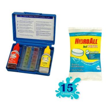 Imagem de Kit 15 Pastilhas Hcl Penta 200g + 1 Kit Teste Ph E Cloro Piscina - Hid