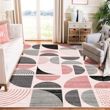 Imagem de MUJOO Tapete rosa lavável, 15 x 23 cm para sala de estar, quarto, sala de jantar, boho, grande, antiderrapante, macio, moderno, abstrato, rosa e cinza