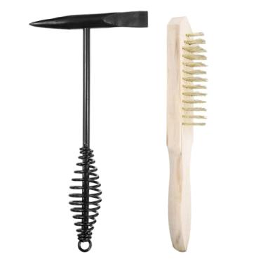Imagem de HARFINGTON 2 peças martelo de soldagem lascando martelo de escória de 28,7 cm com alça de mola helicoidal 26,9 cm escova de arame de aço de soldagem banhada a cobre para tijolos forjados