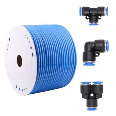 Imagem de DERPIPE Tubo de poliuretano PU 12 mm OD x 8 mm ID mangueira pneumática azul poliuretano PU tubo compressor de ar tubo 100 metros (100 m) com cotovelo 17 peças + divisores 25 peças + T 60 peças