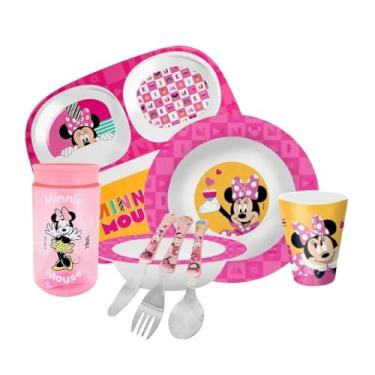 Imagem de Kit Refeição Infantil Minnie 8 Peças - Pratos, Tigela, Copo Melamina e Talheres Inox - Yangzi Disney