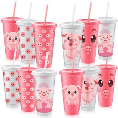 Imagem de Nezyo Copos de porco 12 peças de copos de 680 g com canudos e tampas copos de viagem de plástico reutilizáveis branco rosa garrafas de água de porco para crianças, fazenda, artigos de festa de