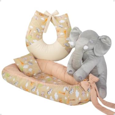 Imagem de Mini Berço Redondo Safari Almofada Amamentação Elefante 60cm (safari palha)