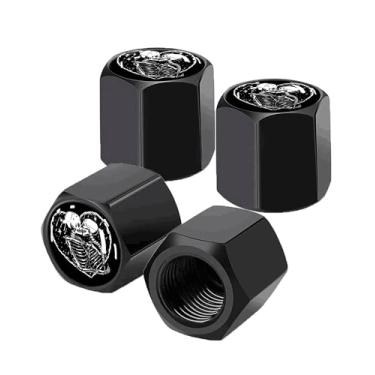 Imagem de Pacote com 4 tampas de haste de válvula de pneu, tampas de haste de roda de carro, tampas de válvula de ar de alumínio, ajuste universal para carros, SUVs, caminhões, bicicletas e motocicletas (Skull