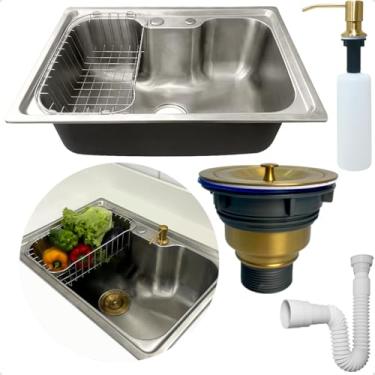 Imagem de Dona D Cor, Cuba Inox 304 Pia Cozinha Gourmet 60x42 Sobrepor Bancada Com Cesto Escorredor Dispenser 500ml Dourado Valvula Higienica E Sifão Flexivel Universal