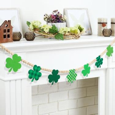 Imagem de FYSUIMU Faixa de feltro do dia de São Patrício de 2,5 m, xadrez, verde, trevo de madeira, guirlanda, trevo irlandês, faixa pendurada para decoração de parede de casa de férias