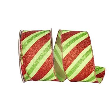 Imagem de Reliant Ribbon Fita de borda com fio de linho com listras de glitter diagonal, verde/vermelho