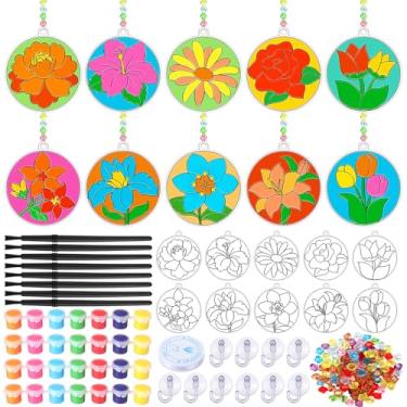 Imagem de WinnerWhy 30 conjuntos de kits de arte para janelas de flores, apanhadores de sol faça-você-mesmo, artesanato a granel, pinte sua própria janela, ornamentos florais para meninos, meninas, sala de