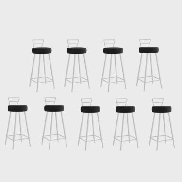 Imagem de Kit 09 Banqueta Alta Com Encosto Tina Eiffel Cozinha Bar Bistrô Ferro Branco Suede Preto - Ahz Móveis