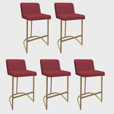 Imagem de Kit 05 Banquetas Com Encosto Noah Luxo Confort Bistrô Cozinha Ferro Dourado Suede Vermelho - Ahz Móveis