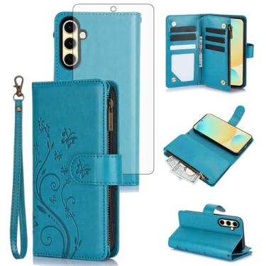 Imagem de Asuwish Capa de celular para Samsung Galaxy S24 FE 5G carteira celular com protetor de tela de vidro temperado alça de pulso flor flip zíper porta-cartão slot suporte S 24 EF AI S24FE 24S mulheres