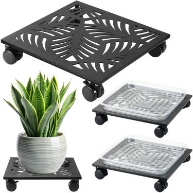 Imagem de 2 pacotes de 30,5 cm de metal quadrado organizador de plantas com rodas grande suporte de rolamento de ferro com rodízios planta resistente Dolly Coaster vaso de plantas mover base de rolo para
