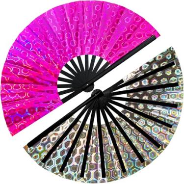 Imagem de prario 1 ventilador de botas no chão, leque de dança 2025 New Line, leque holográfico de diamante rosa choque cores a laser, ventiladores de palmas para dança de linha, ventilador portátil grande