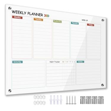 Imagem de Marribol Quadro de vidro semanal apagável a seco para parede de 40 cm x 30 cm, quadro branco com calendário semanal colorido, quadro branco planejador semanal, montagem sem moldura, para memorando,