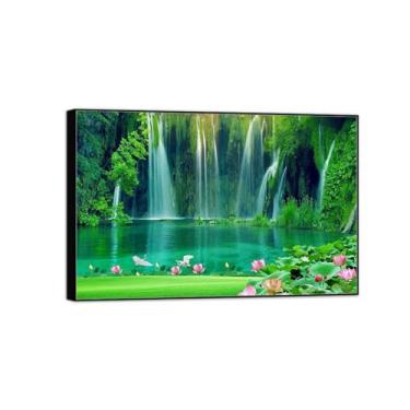 Imagem de MUHJDYC Paisagem quadros arte mural - lago cascata lótus - natureza impressões em tela - moldura preta imagem decoração sala de estar modernos 120 x 80 cm