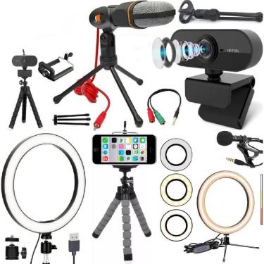 Imagem de Webcam Full HD 1080 Kit Home Office Microfone Iluminador USB