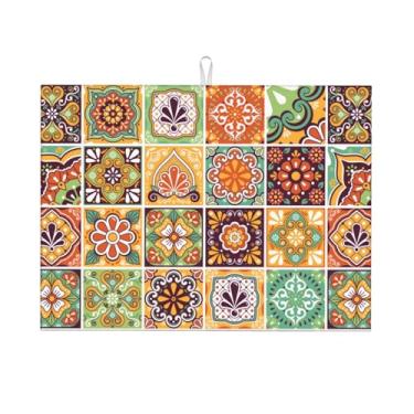 Imagem de CCOCND Tapete De Secagem Pratos Coloridos Com Azulejos Mexicanos Para Bancada Cozinha, Almofada Microfibra Ultra Absorvente Boho Decoração Café, Grande, 45,6 Cm X 60,9