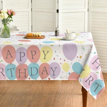 Imagem de Horaldaily Toalha de mesa Happy Birthday retangular de 152 cm x 356 cm para decoração de festa, balões coloridos e confetes, capa de mesa lavável para festas, feliz aniversário, chá de bebê