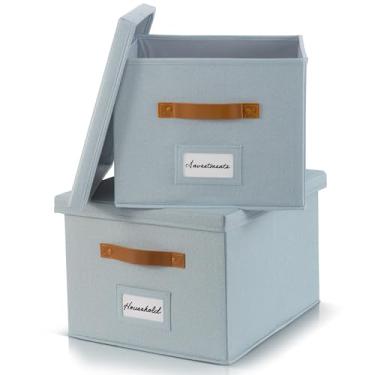 Imagem de ZICOTO Conjunto de 2 caixas decorativas organizadoras de arquivos - Armários dobráveis de linho com alças são perfeitos para armazenar todos os seus documentos e pastas de arquivos suspensas - Caixas