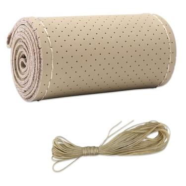 Imagem de Capa de volante de couro de microfibra, costura DIY com agulha e linha, protetor de volante de carro antiderrapante respirável, universal de 38 cm, costura automática para volante (bege, orifício