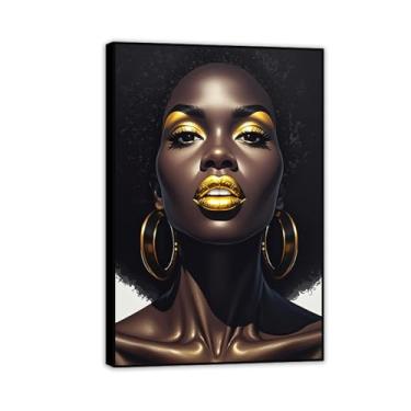 Imagem de Arte de parede em tela de mulher afro-americana com lábios emoldurados em ouro quadros de pintura de retrato de mulher negra emoldurada para decoração de parede 75 x 50 cm (30 x 20 pol), moldura preta