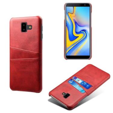 Imagem de Capas Compatível com Samsung Galaxy J6 Prime,Caso de couro PU-Tampa de telefone a prova de choque com 2 slots de cartão,Proteção anti-impressão digital e anti-gota-Red