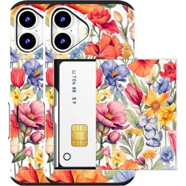Imagem de MUQR Capa compatível com iPhone 16 Plus com suporte de cartão fofo - Design Kawaii, proteção contra quedas de nível militar, capa carteira robusta para mulheres (flor de hibisco botânico branco)