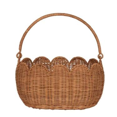 Imagem de Cesta redonda de borda recortada com alça, cestas de armazenamento de vime super resistentes, cesta tecida à mão para prateleiras, cestas naturais para organizar (30 x 23 x 15 cm)