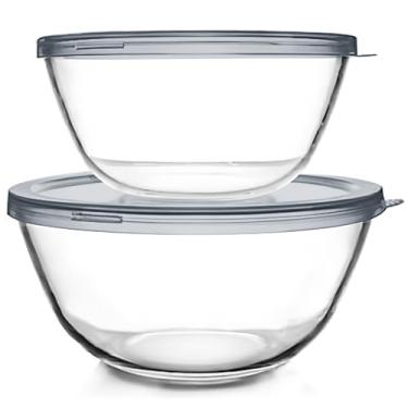 Imagem de ATRDTO Pacote com 2 tigelas de vidro (2,85 QT, 4,76 QT) com tampas sem BPA, conjunto de armazenamento de alimentos para preparar e assar, pode ir à máquina de lavar louça, micro-ondas e freezer (2700