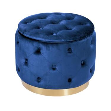 Imagem de JUUON Otomano redondo de veludo tufado com botão, banco de descanso de pés estofado moderno com base banhada a ouro, assento de mesa de centro com destaque para sala de estar, quarto (azul)