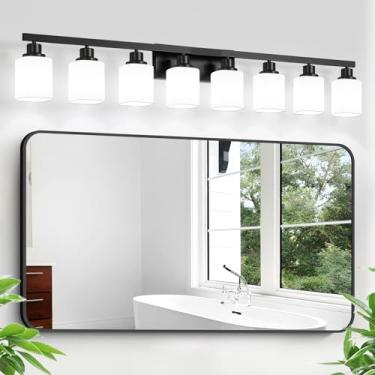 Imagem de DIKAIDA 8 luzes para banheiro, luminárias modernas de banheiro preto fosco sobre espelho com vidro fosco quadrado, arandelas de parede para banheiro, corredor da sala de estar E26